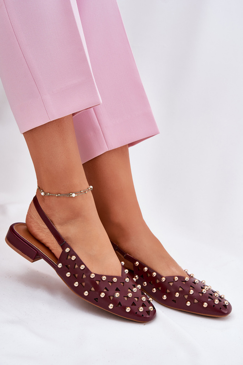 Embellished Ballet Flats On Flat Heel Burgundy Nilarisela