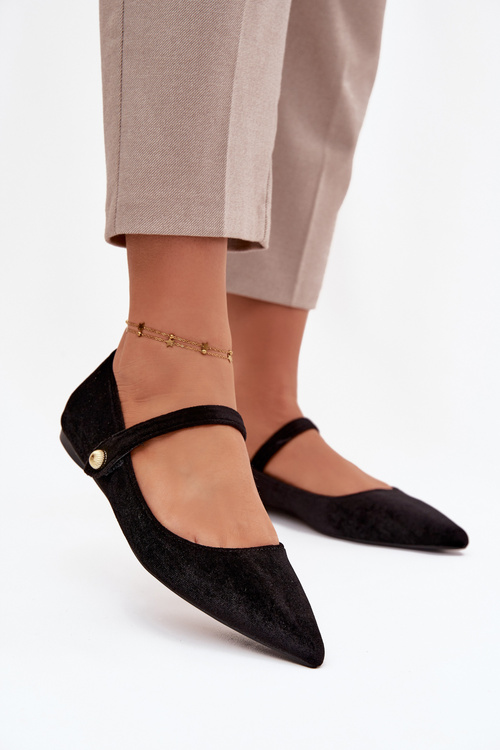 Velvet Ballerinas With Strap And Golden Detail Black Gisanne