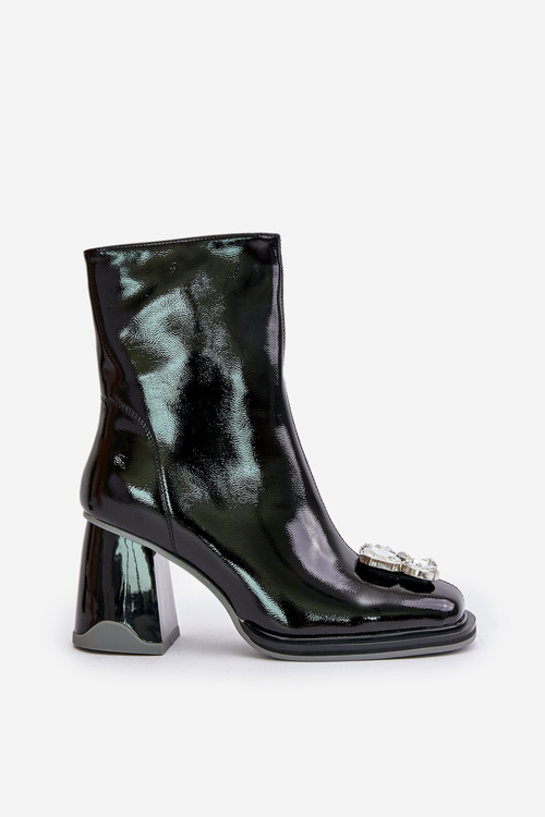 Botki Damskie Lakierowane Obcas Słupek Ozdoba Czarne D&A MR880-019