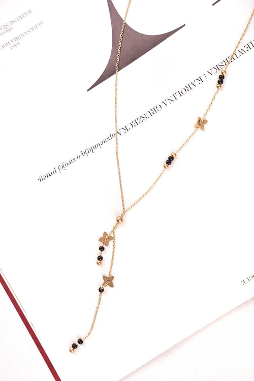 Damski Złoty Naszyjnik Łańcuszek Kwiatki Czarne Kuleczki Carla