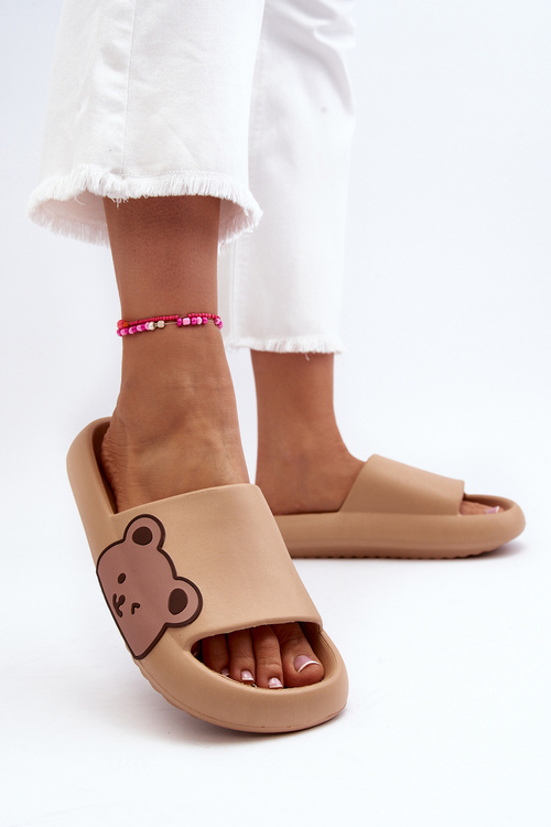 Women's Lightweight Foam Slippers with Bear Motif Dark Beige Parisso