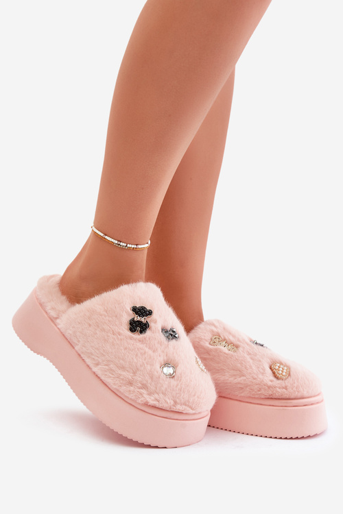 Kapcie Z Przypinkami Futrzane Na Grubej Podeszwie Różowe Zintoria