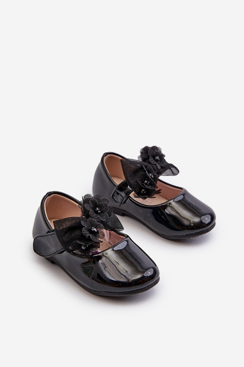 Black Glossy Children's Ballerina Flats With Velcro Strap And Bow Olessa