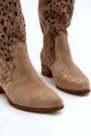 Zazoo 3403 Openwork Low Heel Women's Boots Beige