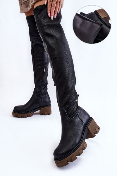 Fashionable Leather Women's Boots Over The Knee Black Venise
