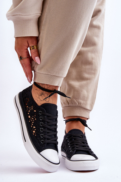 Trampki Damskie Ażur Materiał Czarne Fergo