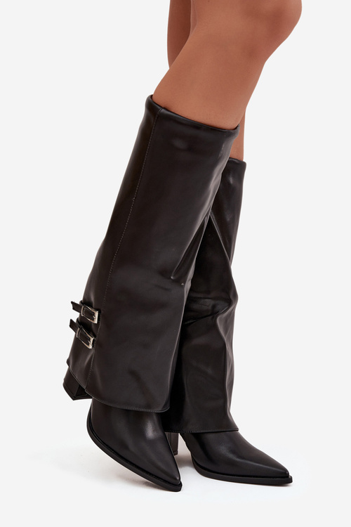 Women's High Heeled Boots with Turned-Up Shaft and Buckles Jessae Black
