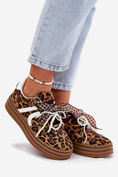 Women's sneakers in leopard print on platform with decorations brown Vinness