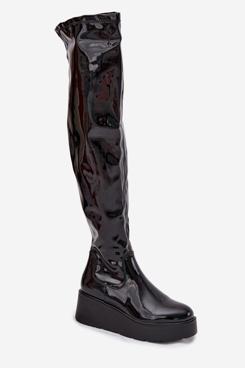 Lacquered Knee High Boots On Platform With Delicate Wedge Black Tavina