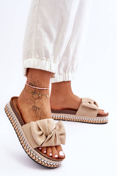 Women's Suede Slippers With Bow Beige Lauria