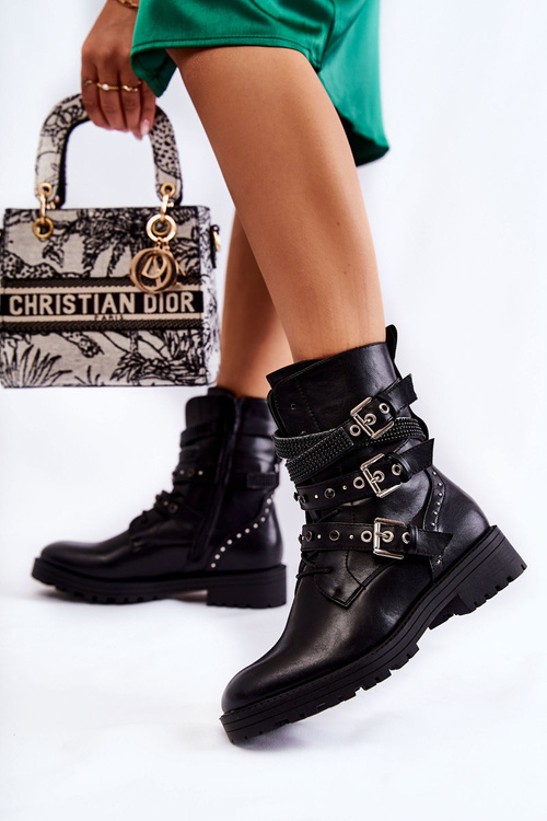 Women's Warm Boots With Strips Smooth Black Lamberta