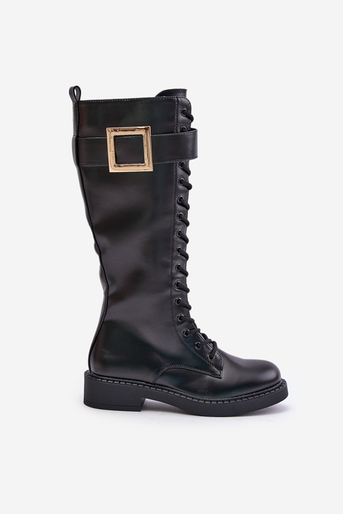 Combat Boots With Decorative Buckle Black Linnealisa