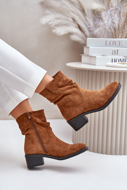 Damskie Botki Ocieplane Marszczona Cholewka Niski Obcas Camel Zinanya