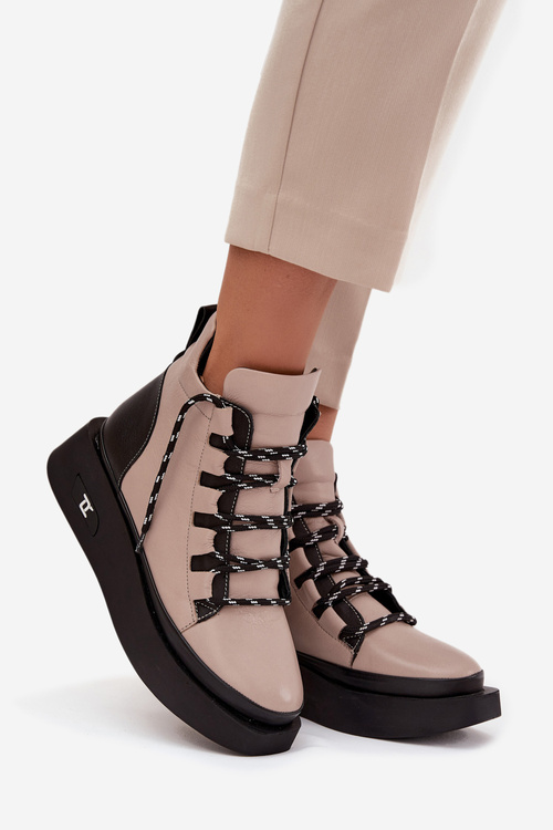 Leather Women's Platform Boots with Lining Artiker 55C0884 Beige