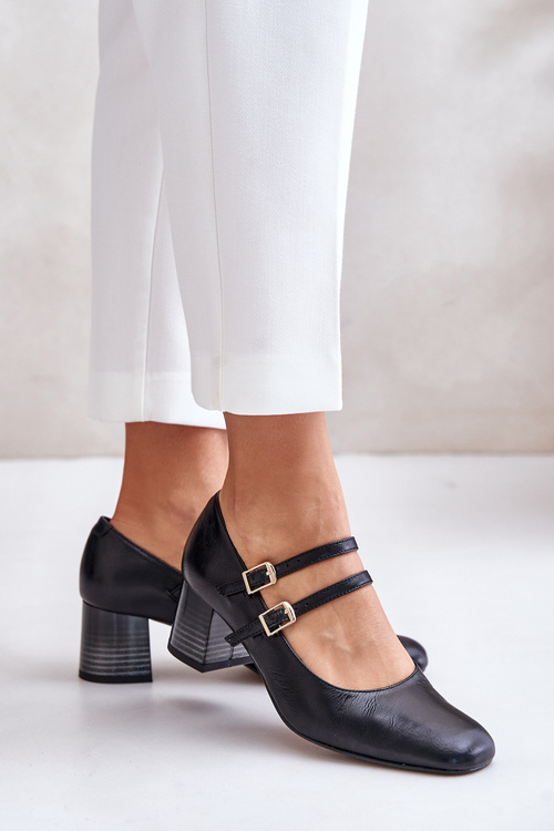 Leather Heels With Straps On The Block Black Laura Messi 2857