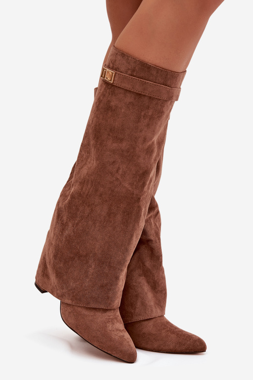 Kozaki Eko Zamszowe Obcas Słupek Na Zamek Wywinięta Cholewka Ciemnobeżowe Evyra