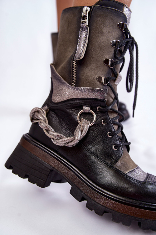 Botki Workery Skóra Wysokie Czarno-Szare Maciejka 05586-01