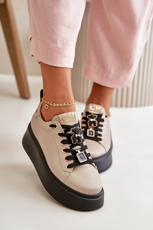 Women's Leather Sneakers With Pins On Platform Beige CheBello 4596