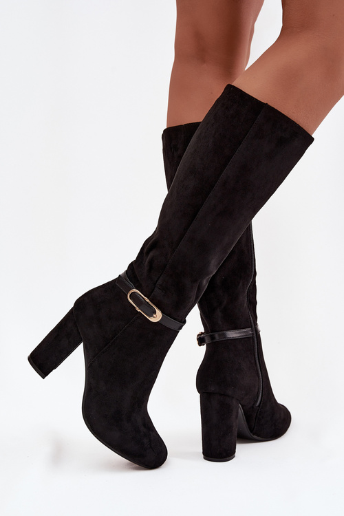 Women's heeled boots with gold buckle lined black Seraphine