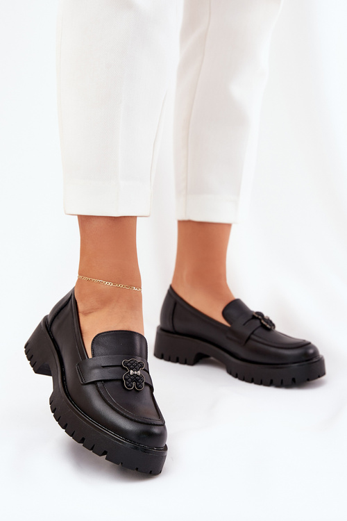 Women's Leather Moccasins With A Teddy Bear Vinceza 18109 Black