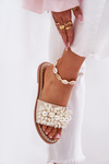 Women's Flat Sandals With Decorative Beads Beige Aricca