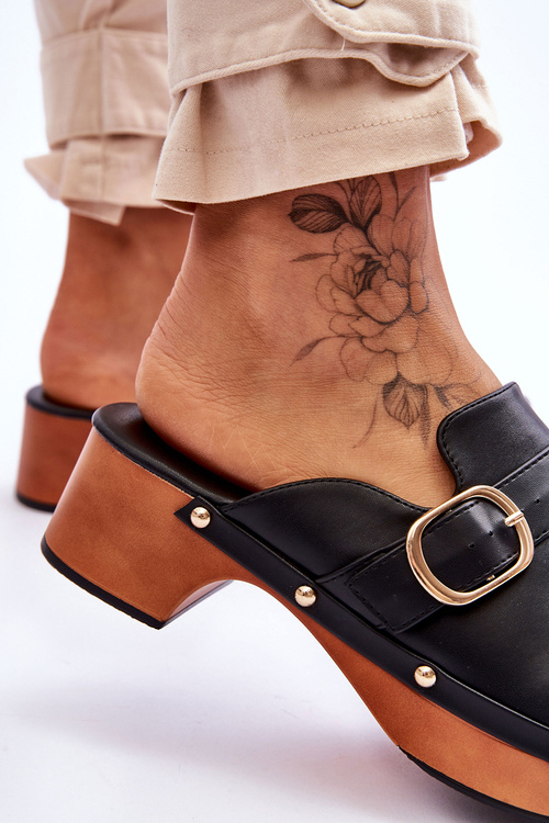 Women's Leather Slippers Clogs Black Fanett