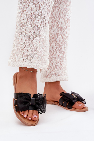 Women's Flat Heeled Slippers with Tulle Bow Black Tanira