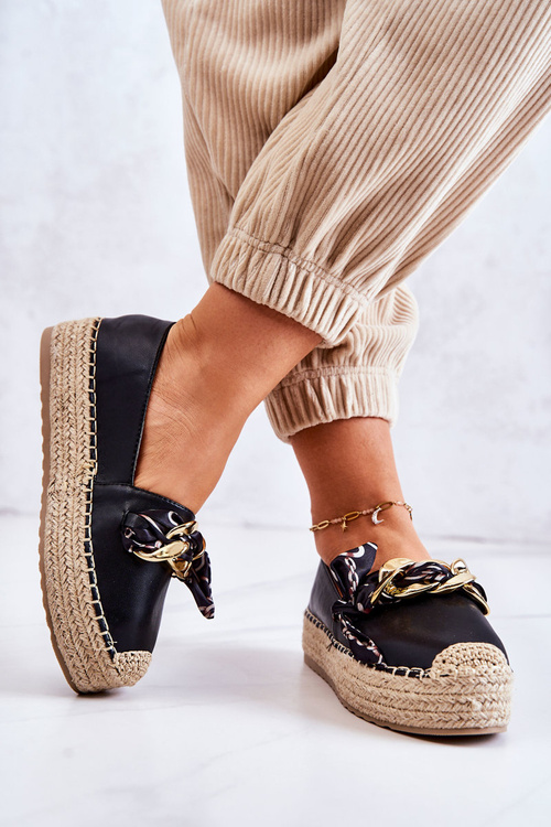 Espadryle Skóra Damskie Ozdobny Łańcuch Czarne Fancy