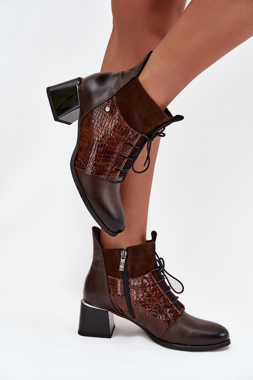 Botki Na Obcasie Skóra Naturalna Zwierzęcy Wzór Ocieplane Czekoladowe Zazoo 60503