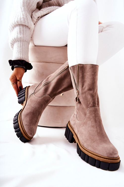 Skórzane Ocieplane Botki Kozaki Cappucino Souffle