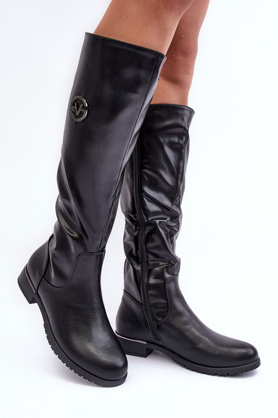 Women's Leather Ankle Boots Flat Heel Black Albuna