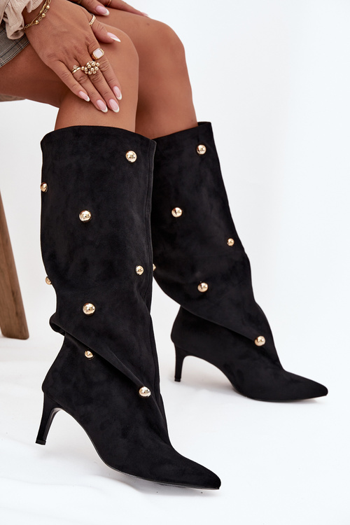 Damskie Kozaki Obcas Szpilka Wsuwane Złote Ozdoby Czarne Thaliane