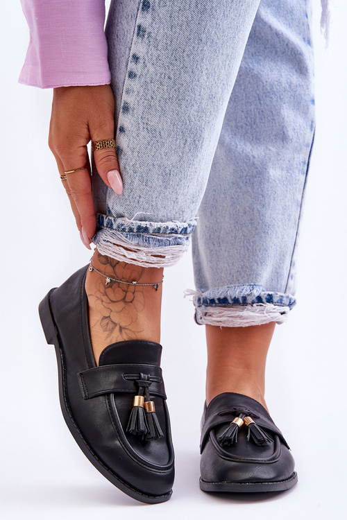 Classic Fringed Leather Loafers Black Camis