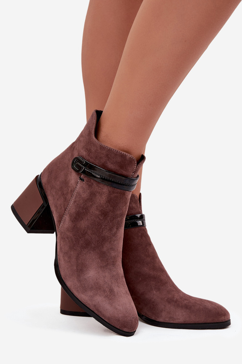 Suede Leather Women's Ankle Boots With Heel With Decorative Strap Insulated D&A CR52-650 Brown