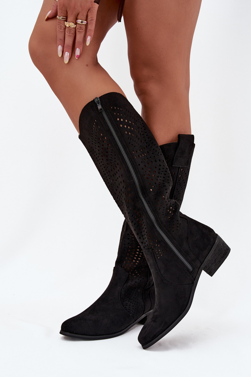 Openwork Women's Knee-High Block Heeled Boots Black Fioris