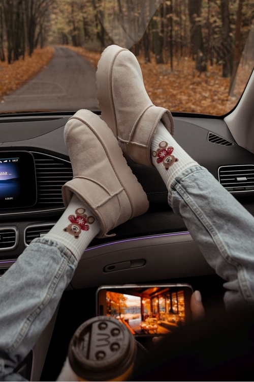 Damskie Skarpetki Miś w Sweterku Ecru