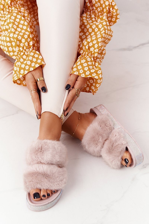 Platform Slippers With Fur And Cubic Zirconia Beige Wow!