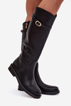 Women's Flat Heel Boots with Strap and Gold Buckle Black Sylvena