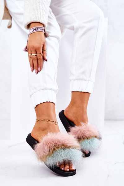 Slippers With Natural Fur Pink-green Naturis
