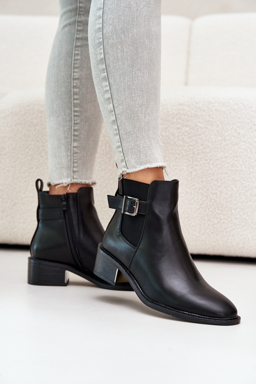 Sztyblety Botki Ocieplane Niski Obcas Złota Klamra Czarne Vomera