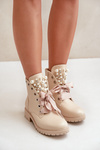 Beige Boots With Pearls, Rhinestones And Ribbon Nudago