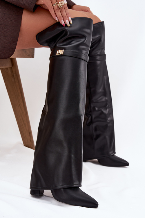 Insulated boots with turned-up shaft over the knee block heel black Serelle