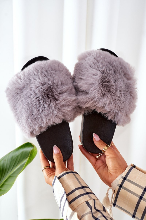 Rubber Slippers With Fur Grey Soft