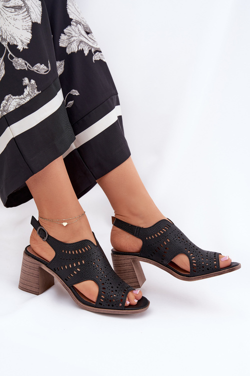 Ladies Perforated Sandals On Heel Black Tosine