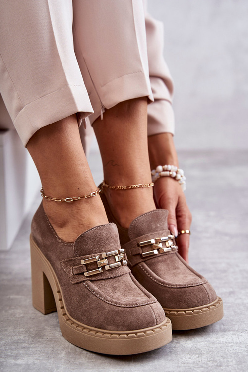 Półbuty Zamsz Masywny Słupek Beżowe Lemar Jaime