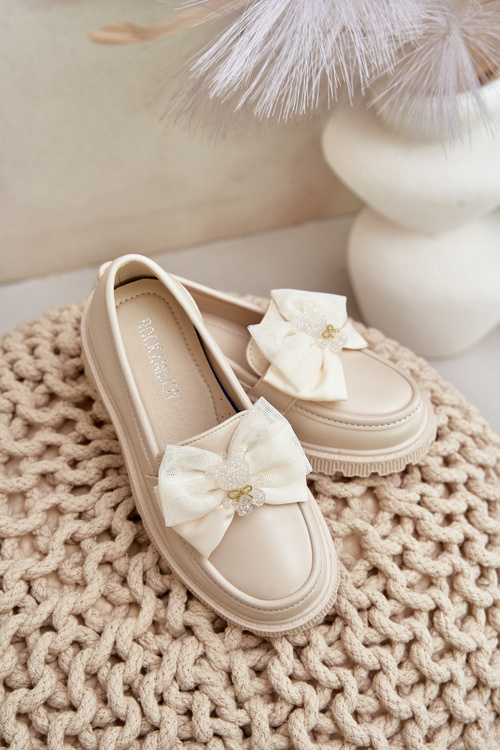 Eko Skórzane Mokasyny Dla Dziewczynki Z Kokardką Beżowe Avallesa