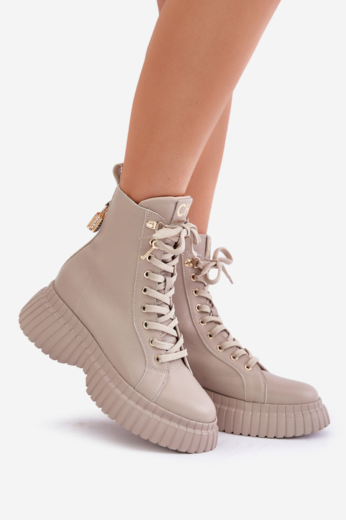 Botki Skóra Naturalna Platforma Ozdobna Kłódka Zamek Beżowe CheBello 4517