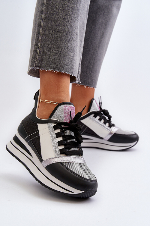 Sneakersy Damskie Platforma Koturn Brokat Rafani Czarne A-59