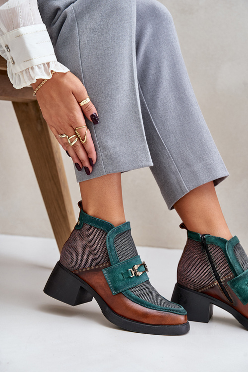 Damskie Botki Skóra Naturalna Masywny Obcas Ozdoba Brązowo-Zielone Maciejka A6747-29