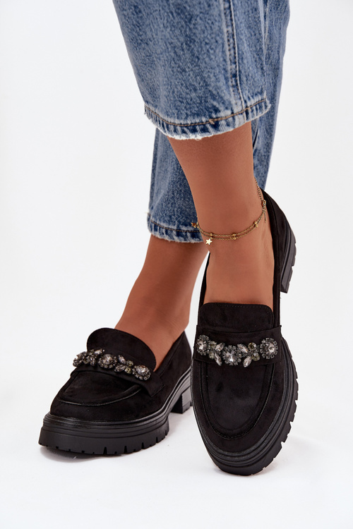 Damskie Eko Zamszowe Mokasyny Z Kryształkami Czarne Lavisse